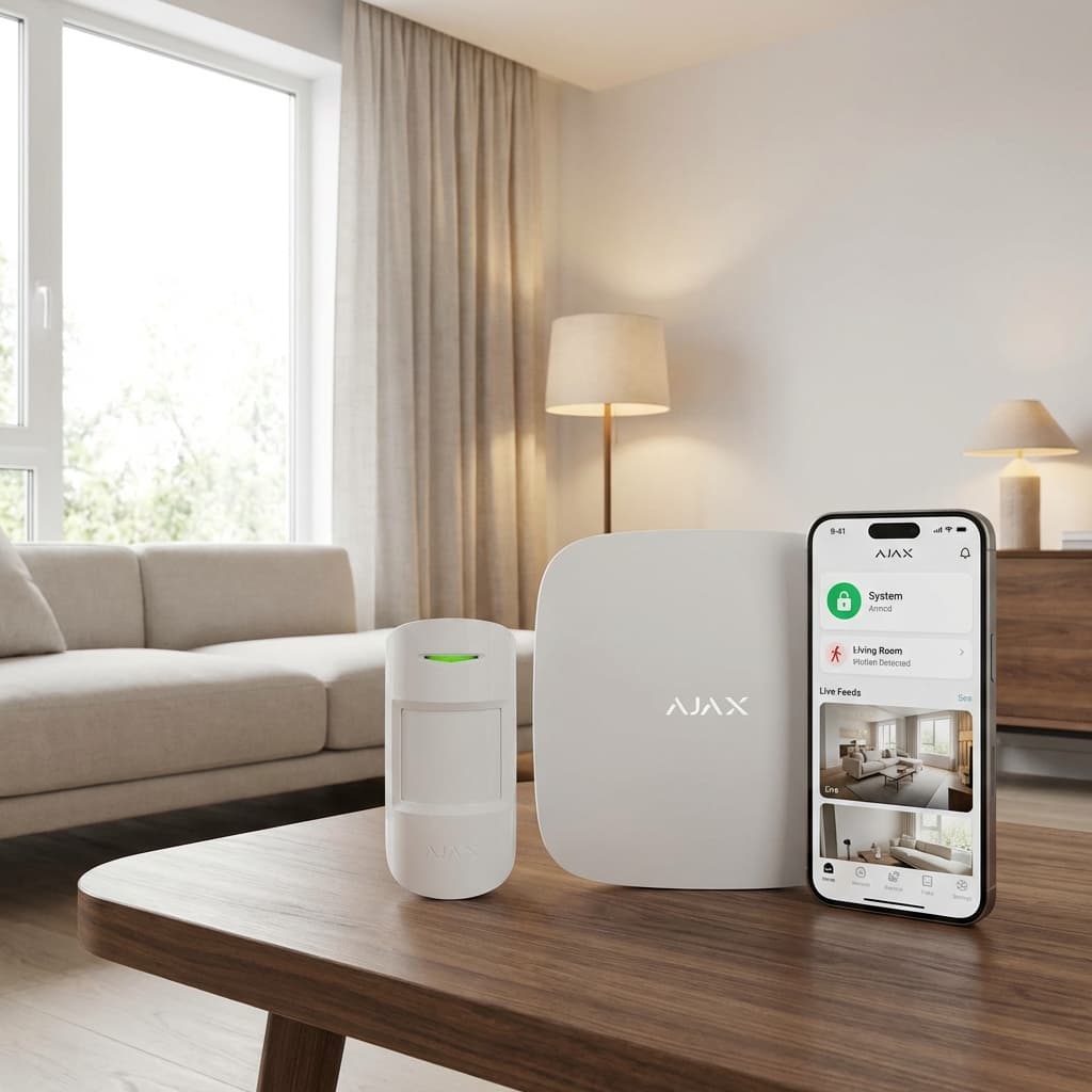 Ajax wireless alarm system with smartphone app control for smart home security.