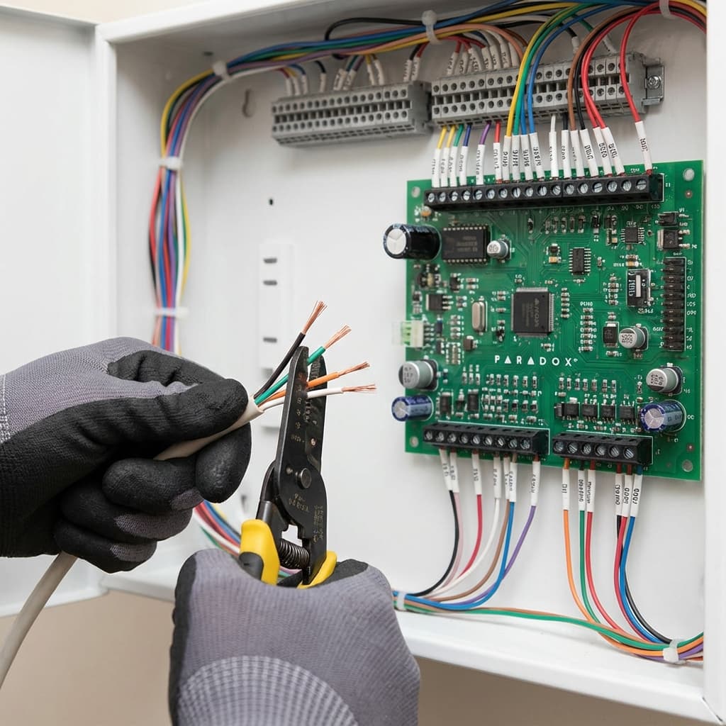 Technician connecting wired Paradox alarm system panel in Cape Town.