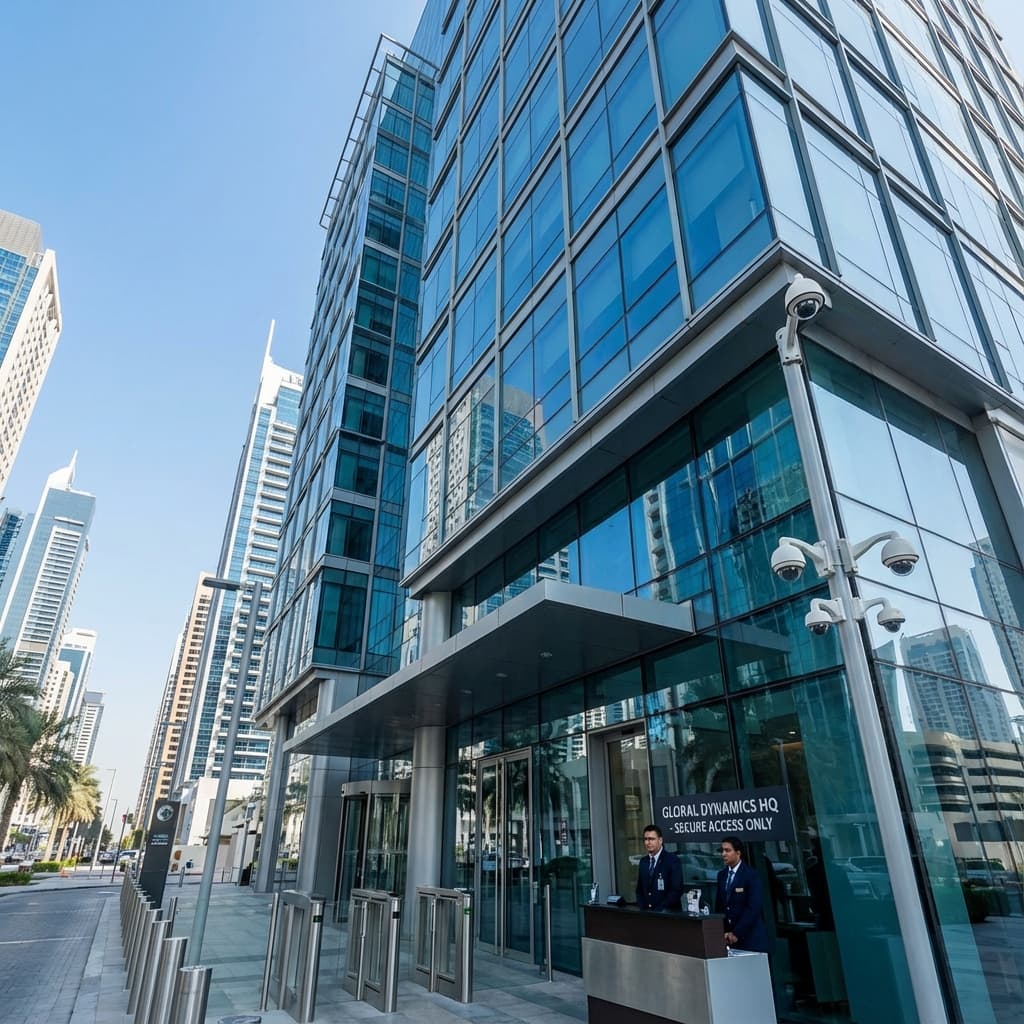Modern office building lobby with turnstiles and security desk access control
