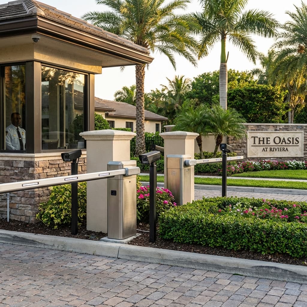 Residential estate entrance with boom gates and license plate recognition cameras