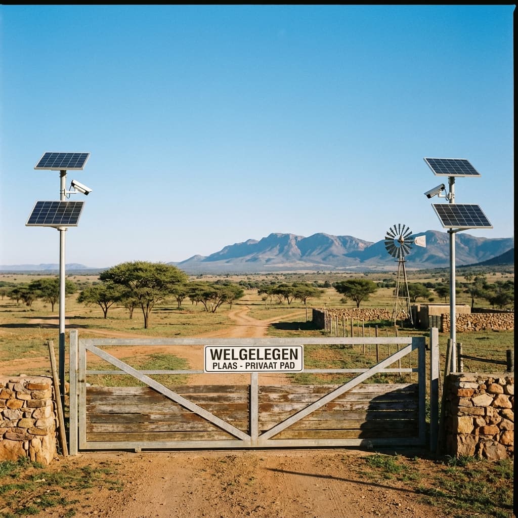 Farm entrance gate with solar powered security cameras and beam detection