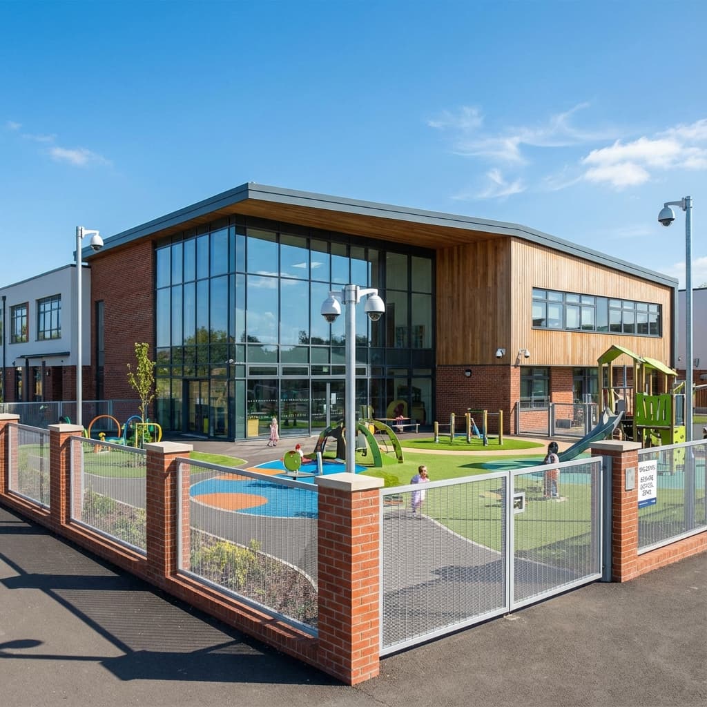 School campus entrance with extensive security fencing and monitoring systems