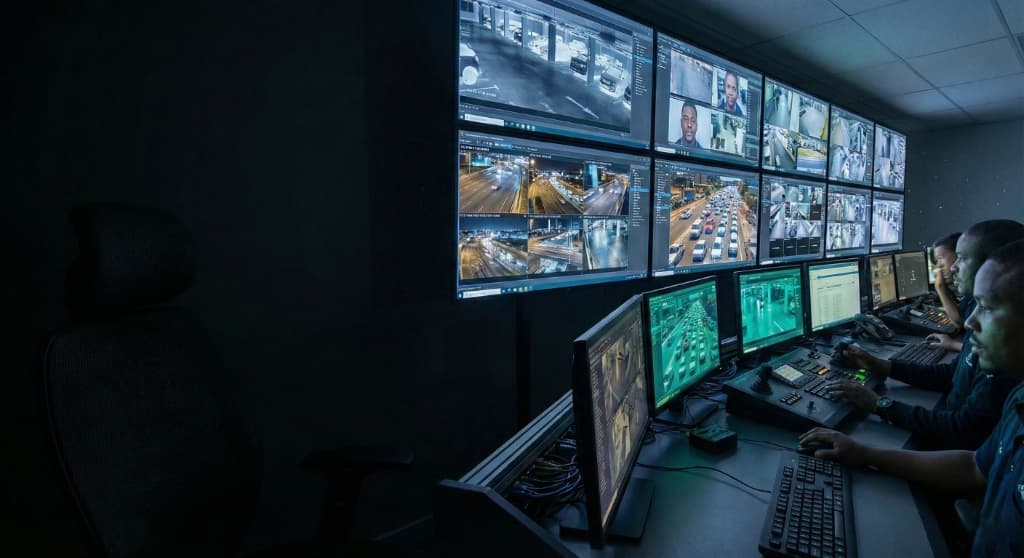 High-definition IP CCTV camera monitoring a commercial property perimeter