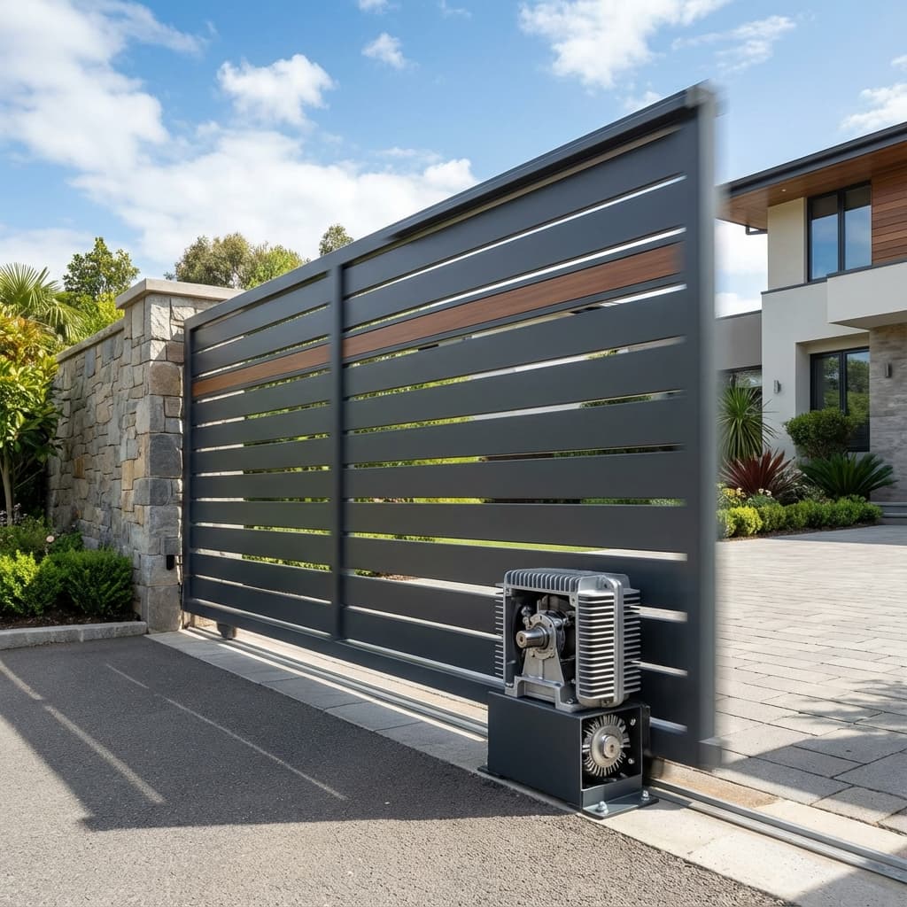 Centurion gate motor installation with anti-theft bracket on a sliding driveway gate