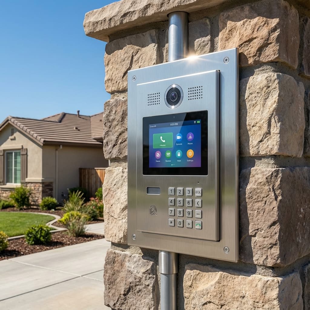 Modern video intercom system gate station with camera for secure visitor screening