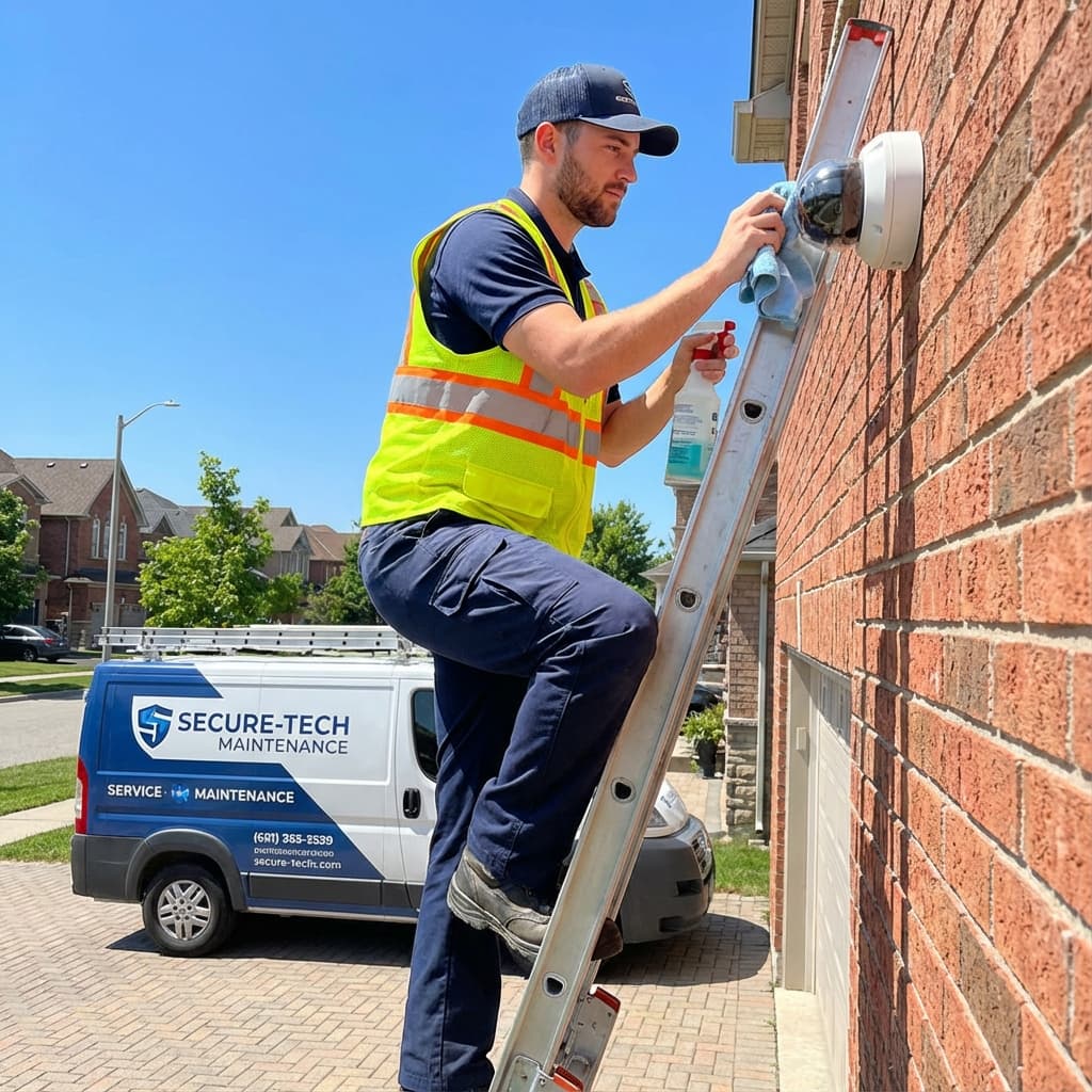 Security technician performing preventative maintenance and battery testing on alarm panel