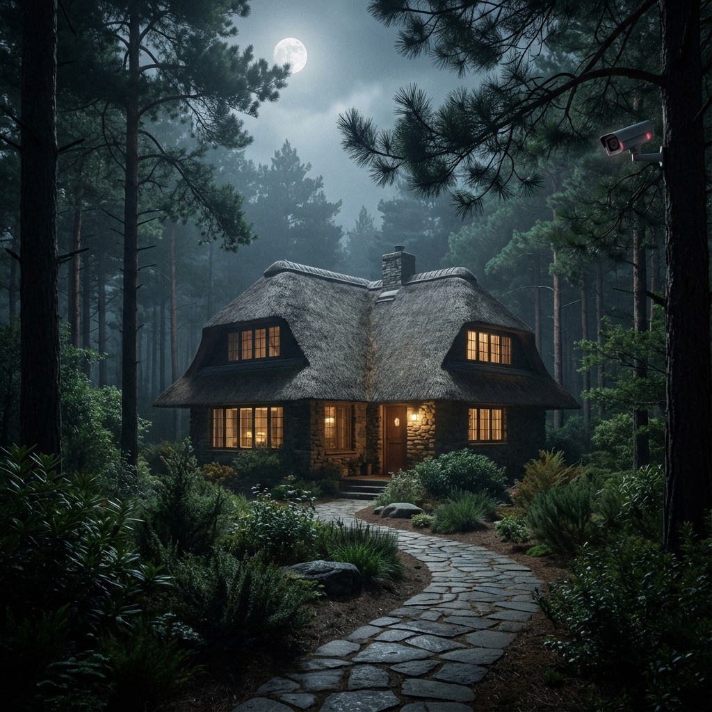Pinelands thatch roof home with thermal security camera and foliage-tolerant beams